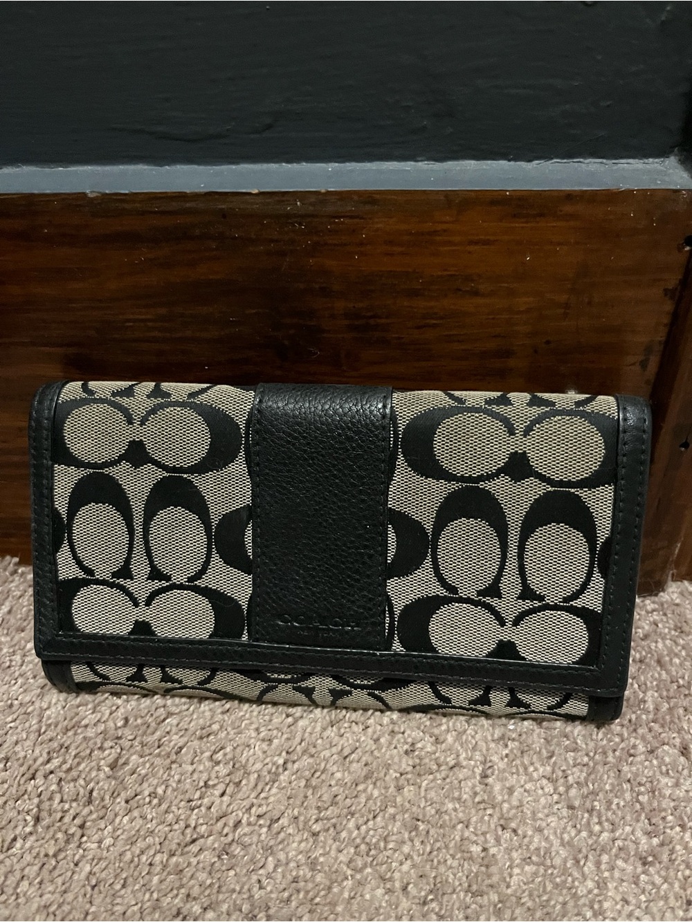Coach Black and Cream Signature Canvas Trifold Wallet